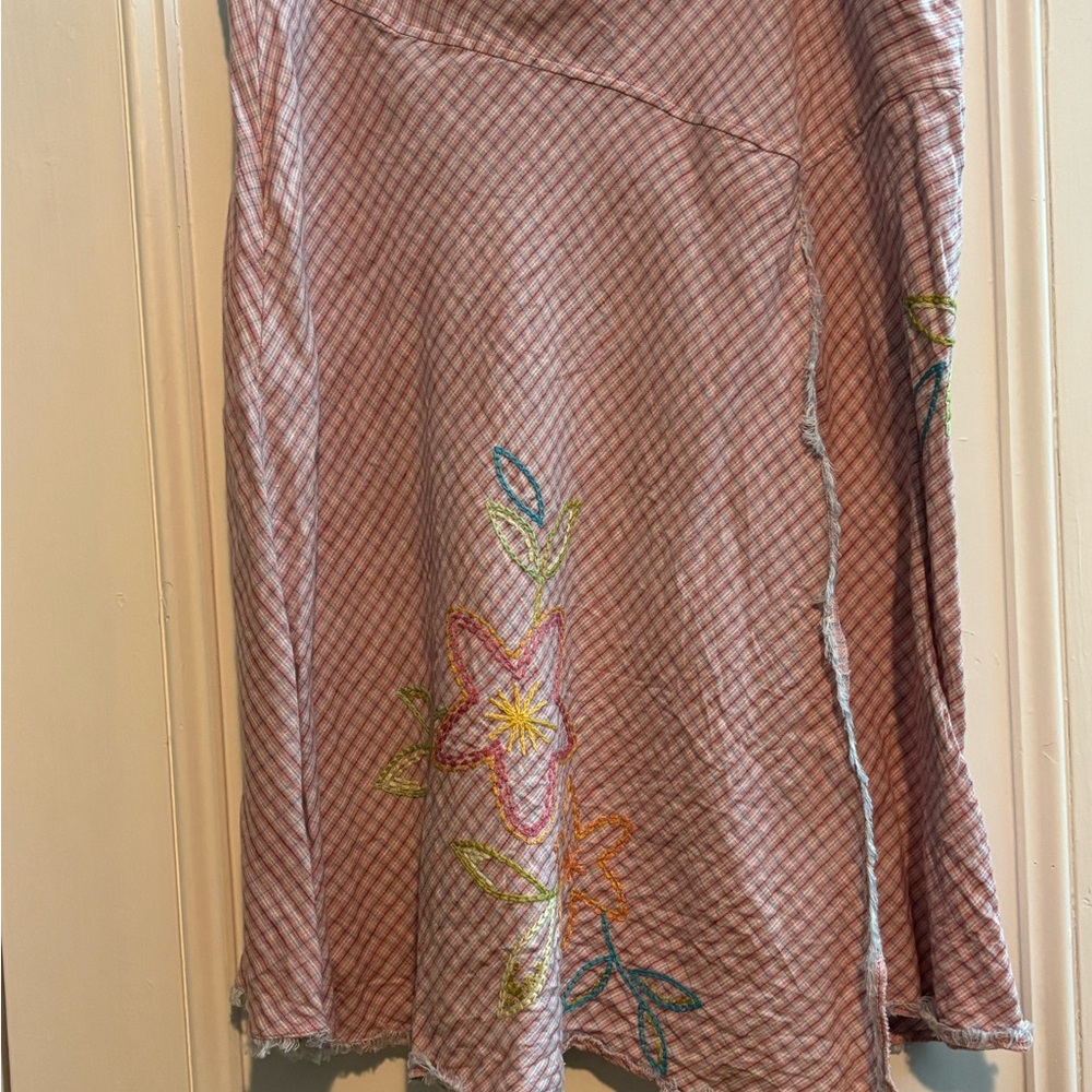 J. Jill Pink and White Plaid Skirt with Multicolor Embroidery